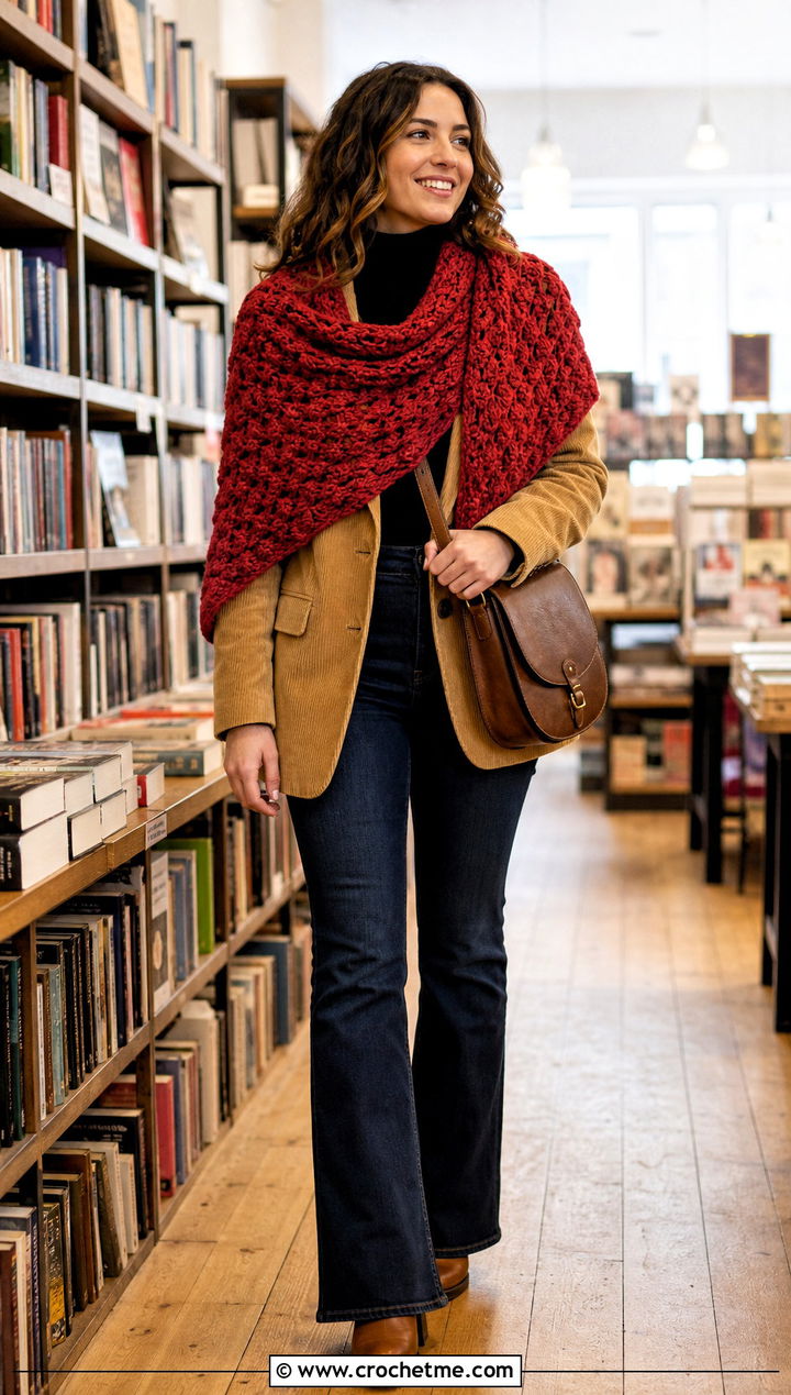 Cluster Stitch Crochet Shawl With Corduroy Blazer - 20 Crochet Shawl Worsted Weight Yarn outfit ideas