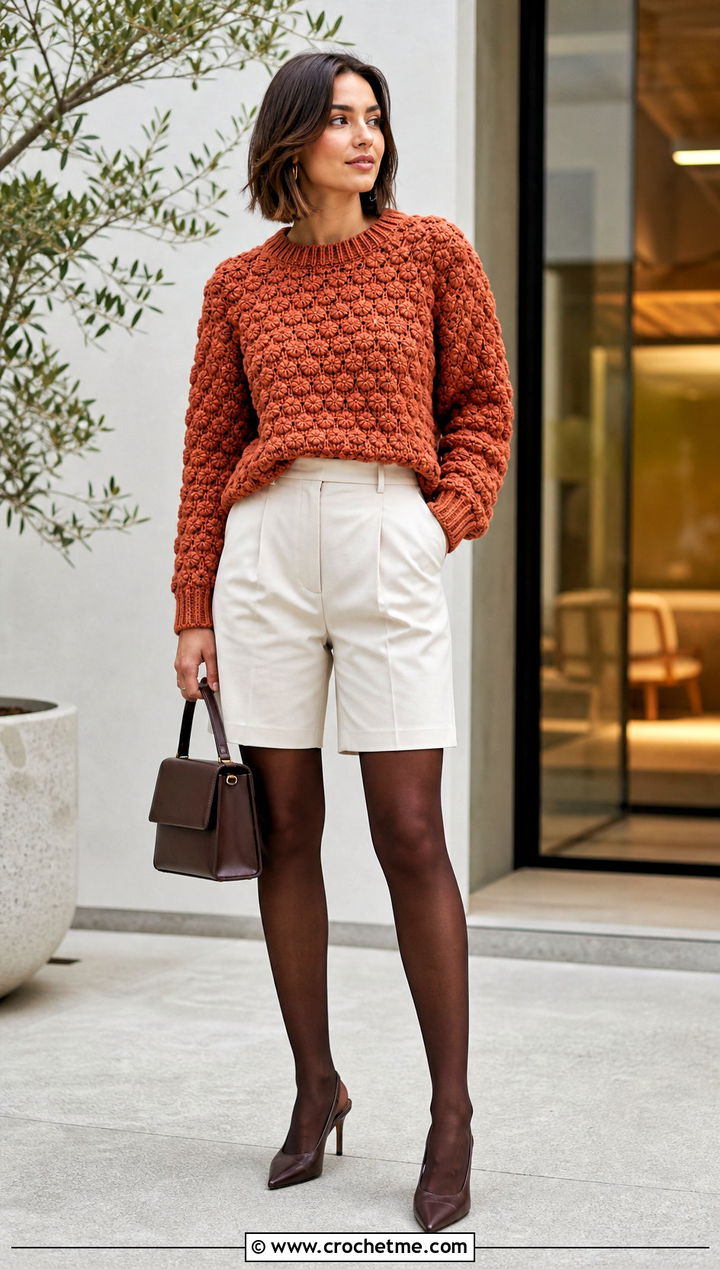 Cluster Stitch Crochet Sweater With Suiting Shorts - 25 Crochet Textured Sweater outfit ideas