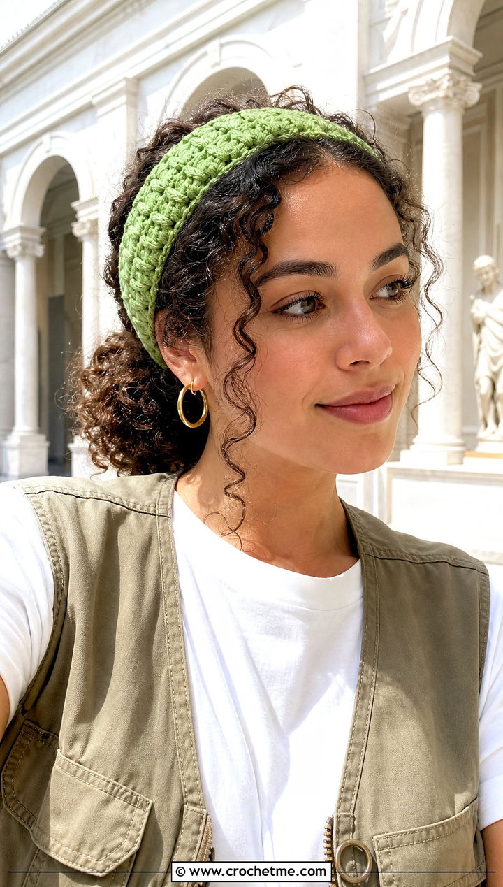 Cluster Stitch Green Crochet Headband With Utility Vest And Midi Skirt - 30 green crochet headband outfit ideas