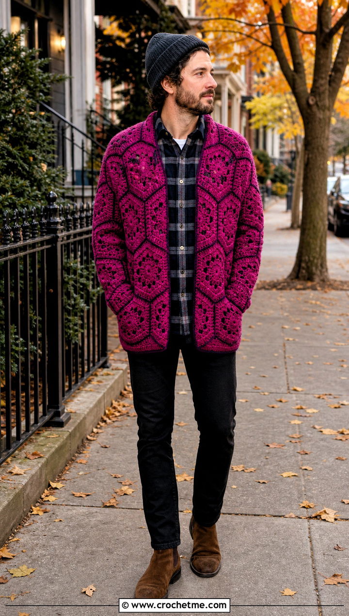 Cluster Stitch Hexagon Crochet Cardigan With Flannel Shirt - 35 men hexagon crochet cardigan outfit ideas