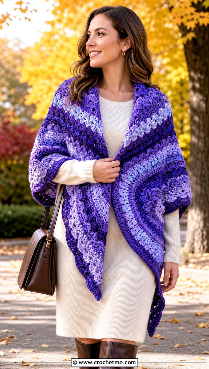 Cluster Stitch Mandala Yarn Crochet Shawl With A Sweater Dress - 15 Crochet Shawl Mandala Yarn outfit ideas