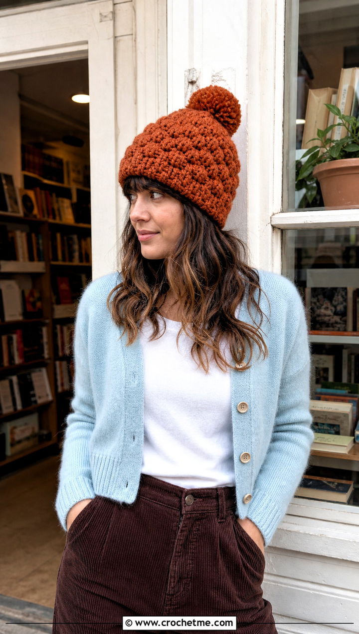 Cluster Stitch Pom Pom Beanie With Corduroy Pants - 30 crochet beanie with pom pom outfit ideas
