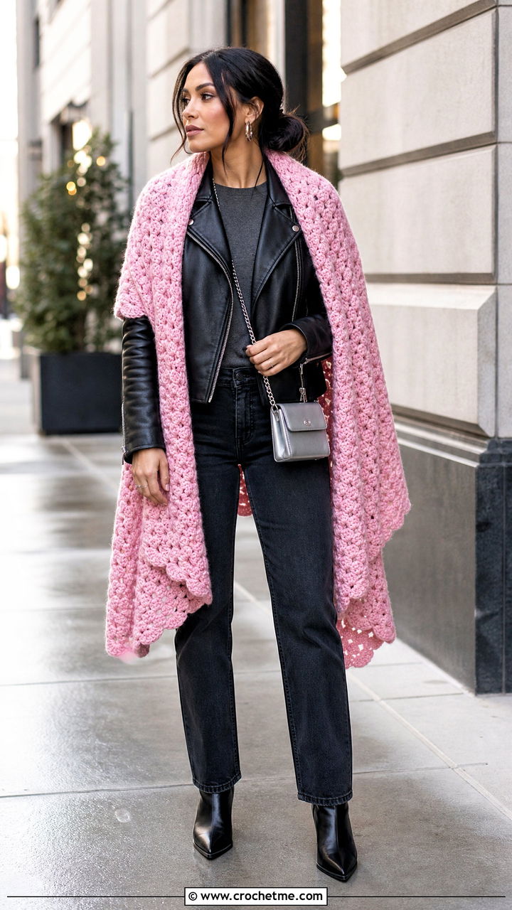 Cluster Stitch Prayer Shawl With Leather Jacket And Jeans - 35 easy crochet prayer shawls outfit ideas
