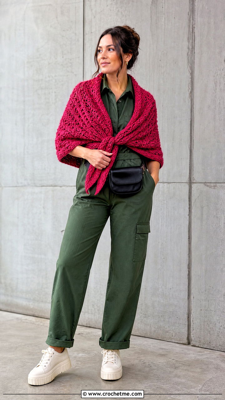 Cluster Stitch Prayer Shawl With Utility Jumpsuit - 35 crochet prayer shawl outfit ideas