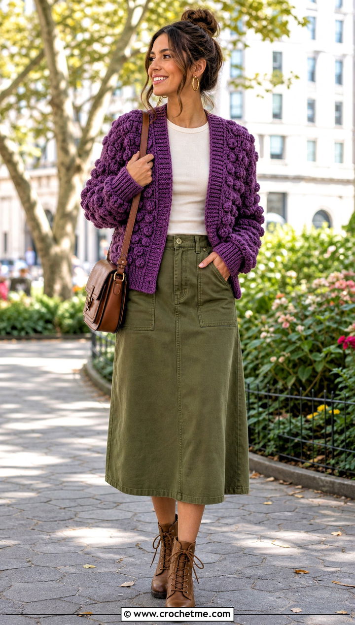 Cluster Stitch Purple Crochet Cardigan With Utility Skirt - 35 purple crochet cardigan outfit ideas
