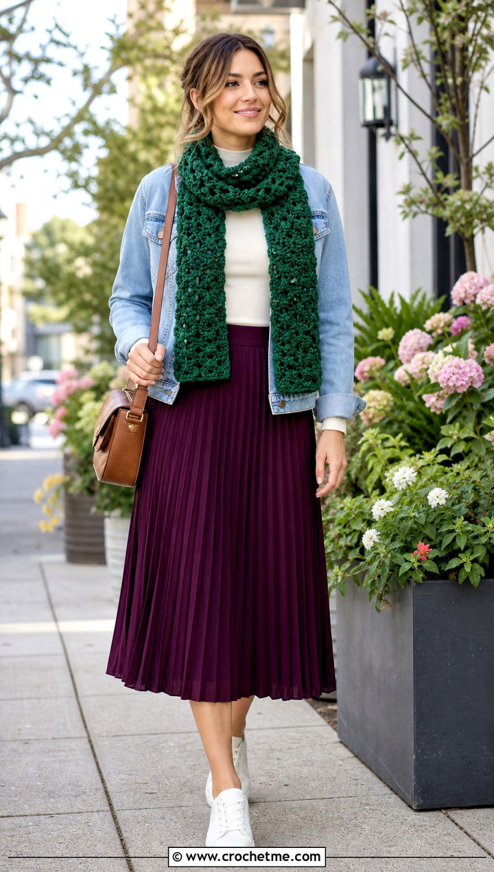 Cluster Stitch Scarf With Pleated Skirt - 35 crochet neck scarf outfit ideas