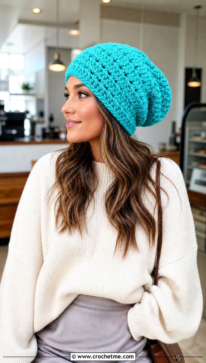Cluster Stitch Slouch Hat With Oversized Sweater And Satin Skirt - 30 crochet stitch hat outfit ideas