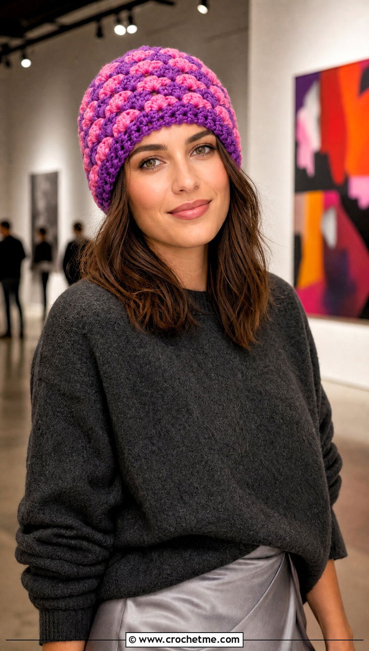 Cluster Stitch Two Color Crochet Beanie With Satin Midi Skirt - 30 2 color crochet beanie hat outfit ideas