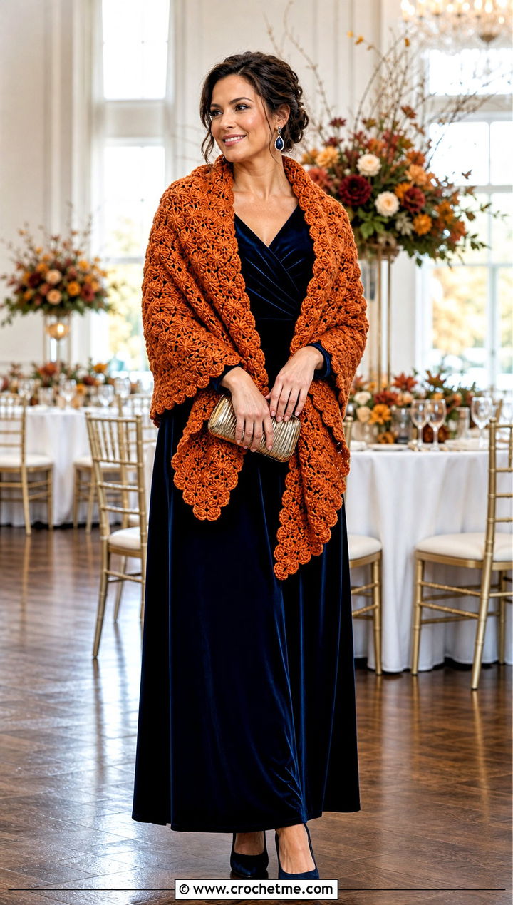 Cluster Stitch Wedding Shawl With Velvet Maxi Dress - 35 crochet wedding shawl outfit ideas