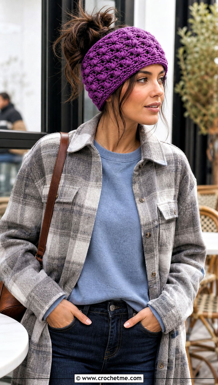 Cluster V Stitch Messy Bun Crochet Hat With Shacket - 25 Messy Bun Crochet Hat outfit ideas