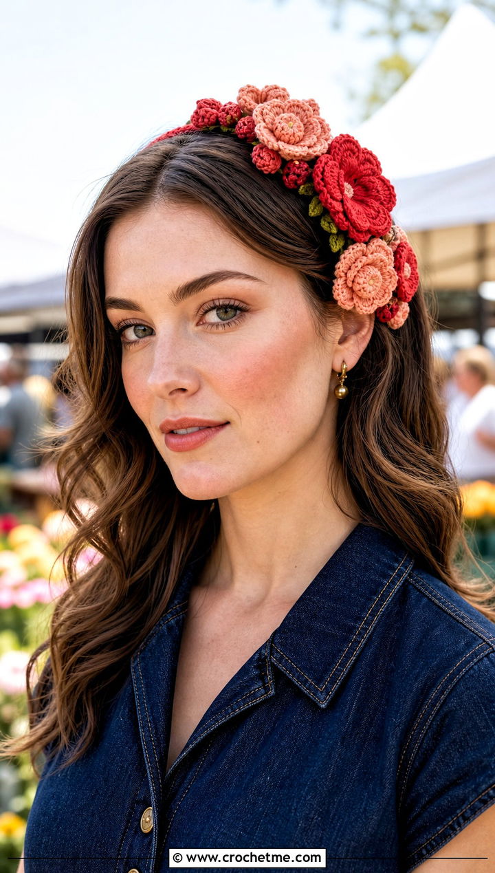 Clustered Flower Headband With Denim Dress And Western Boots - 30 crochet headband with flower outfit ideas