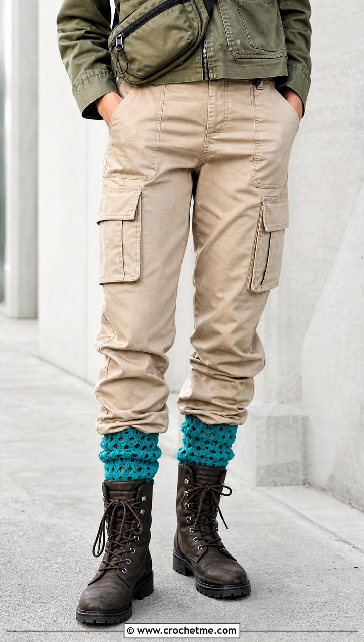 Clustered V Stitch Crochet Boot Cuffs With Cargo Pants and Utility Boots - 30 crochet boot cuff outfit ideas