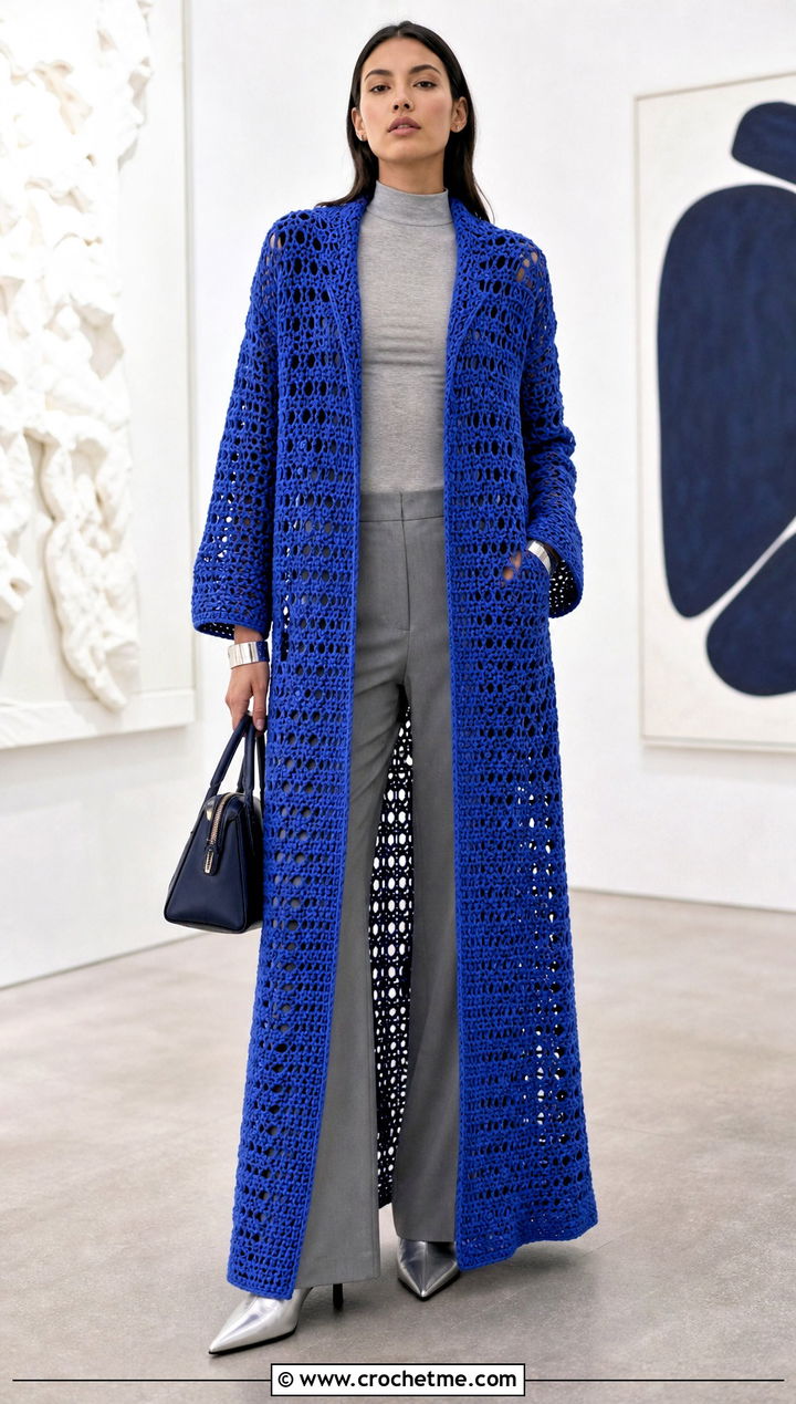 Coat Length Crochet Cardigan With Monochrome Basics - 20 Crochet Cardigan For Women Sweater Coats outfit ideas