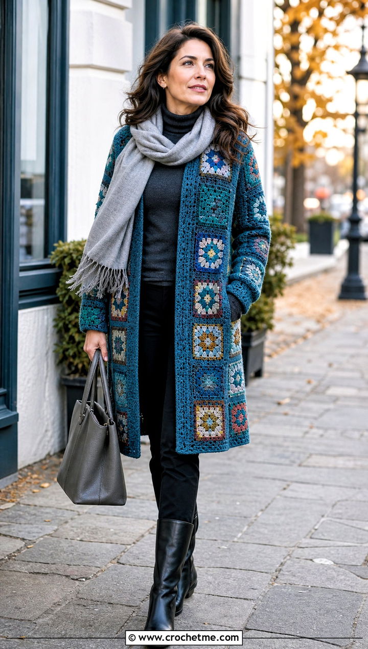 Coat Length Granny Square Crochet Cardigan With Turtleneck - 25 Crochet Cardigan From Square outfit ideas