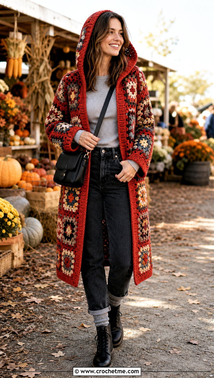 Coat Length Granny Square Hooded Cardigan With Straight Jeans - 25 Granny Square Hooded Cardigan outfit ideas