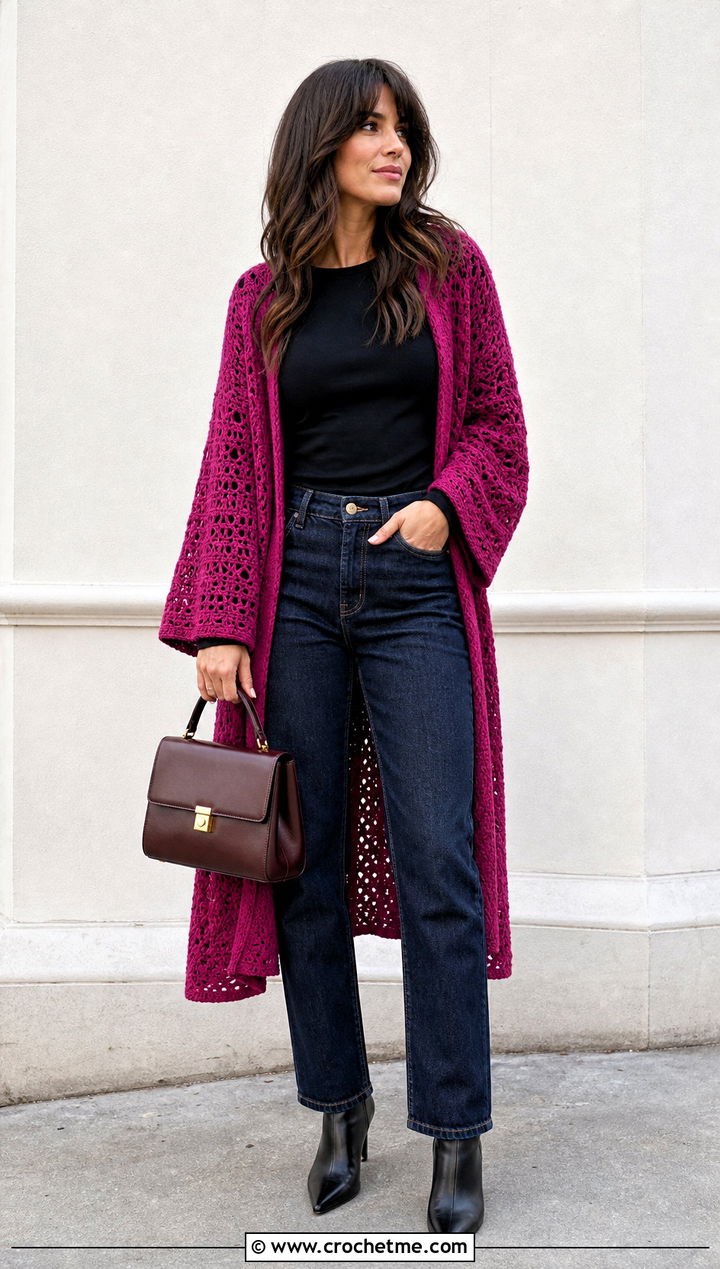 Coat Length Hexi Cardigan With Jeans And Ankle Boots - 35 crochet hexi cardigan outfit ideas