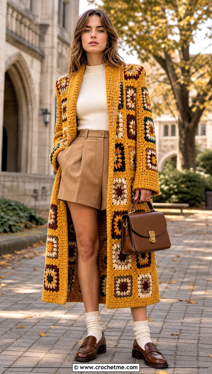 Coat Style Granny Square Robe With Tailored Shorts - 20 granny square robe outfit ideas