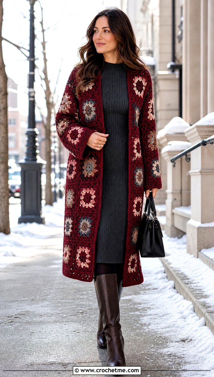 Coatigan Continuous Granny Square Cardigan With A Knit Dress - 25 continuous granny square cardigan outfit ideas