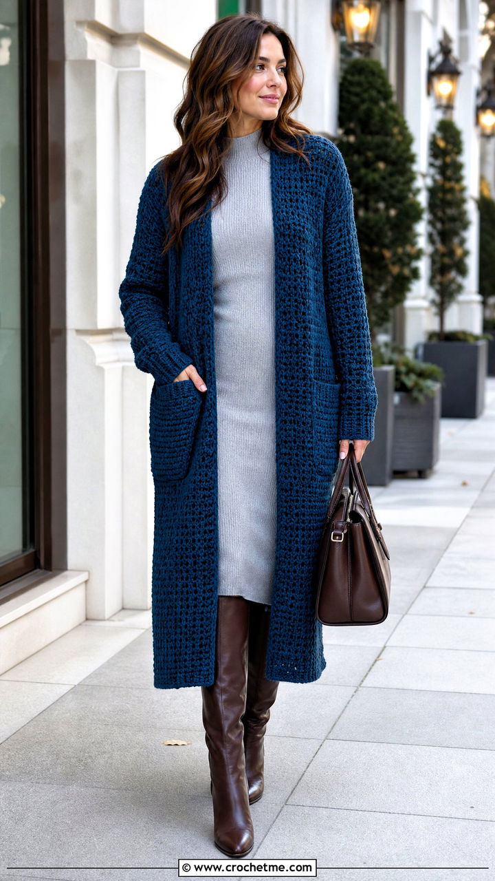 Coatigan Crochet Cardigan With Knit Midi Dress - 35 simple crochet cardigan outfit ideas