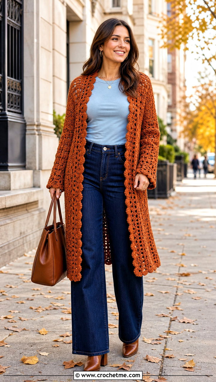Coatigan Crochet Doll Cardigan With Wide Leg Jeans - 30 crochet doll cardigan outfit ideas