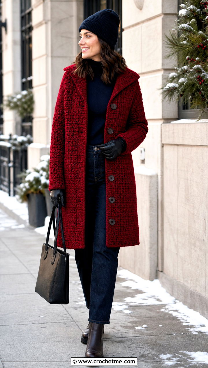 Coatigan Crochet Winter Cardigan With A Turtleneck And Jeans - 25 crochet winter cardigan outfit ideas