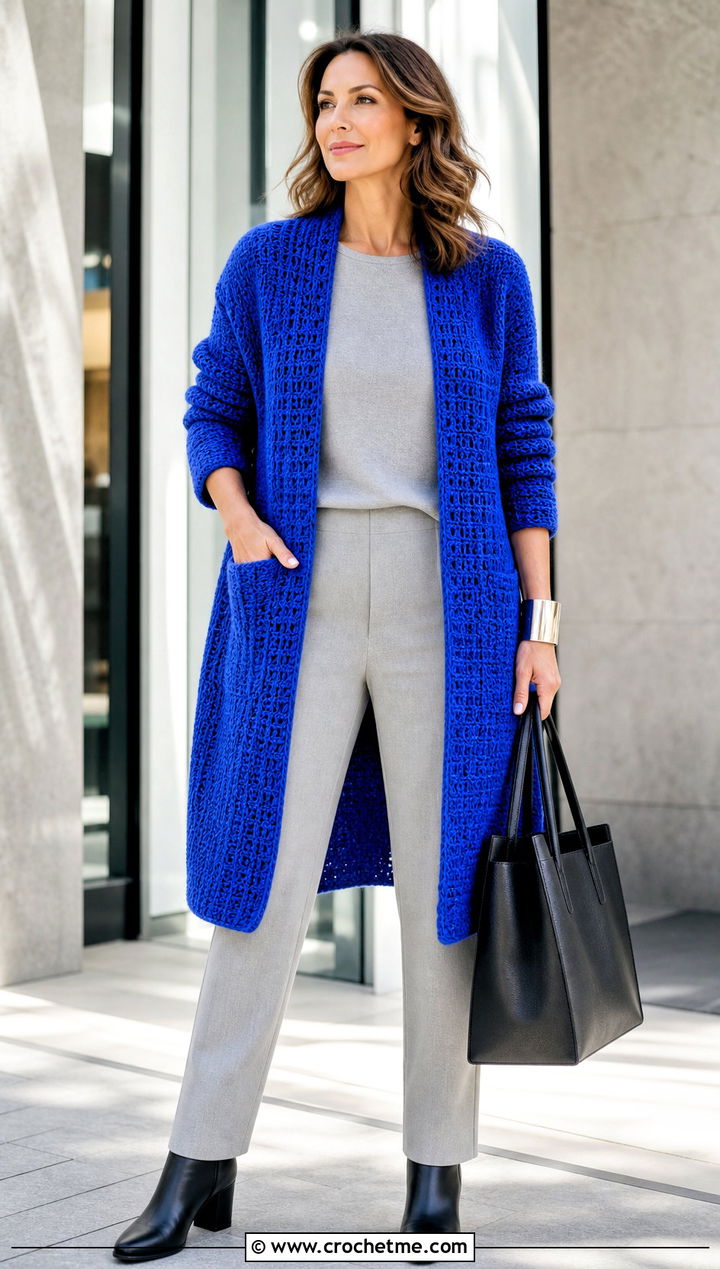 Coatigan Double Crochet Cardigan With Monochrome Basics - 25 Double Crochet Cardigan outfit ideas