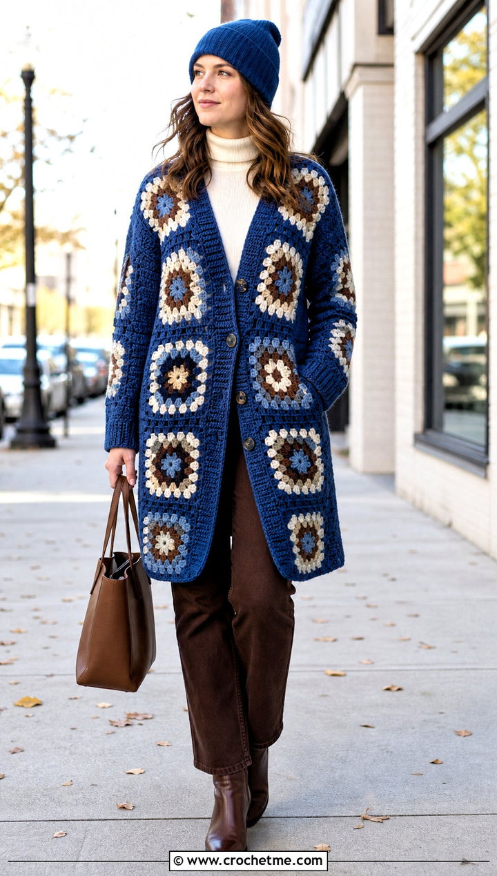 Coatigan Giant Granny Square Cardigan With Sweater And Jeans - 35 giant granny square cardigan outfit ideas