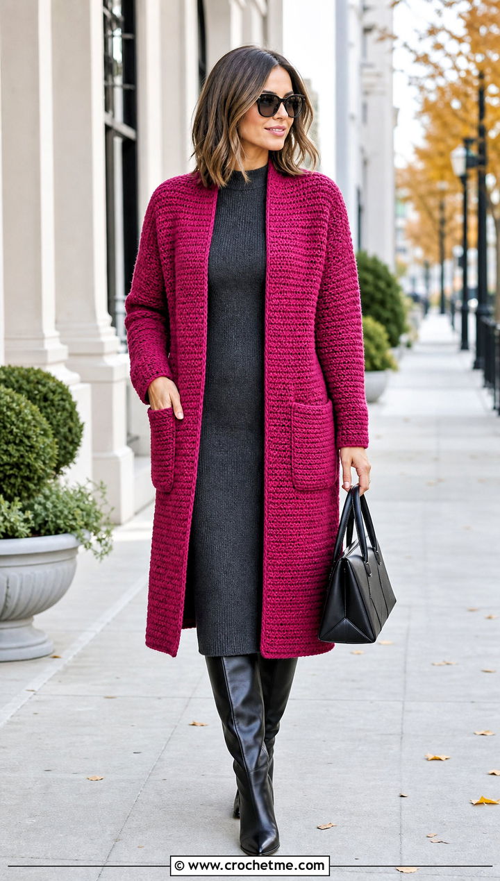 Coatigan Seamless Crochet Cardigan With Midi Dress - 25 Crochet Seamless Cardigan outfit ideas