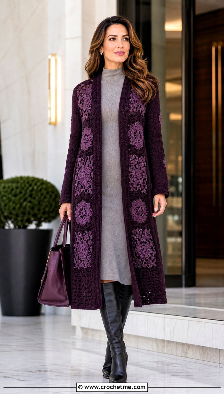 Coatigan Square Cardigan With Sweater Dress - 30 crochet square cardigan outfit ideas
