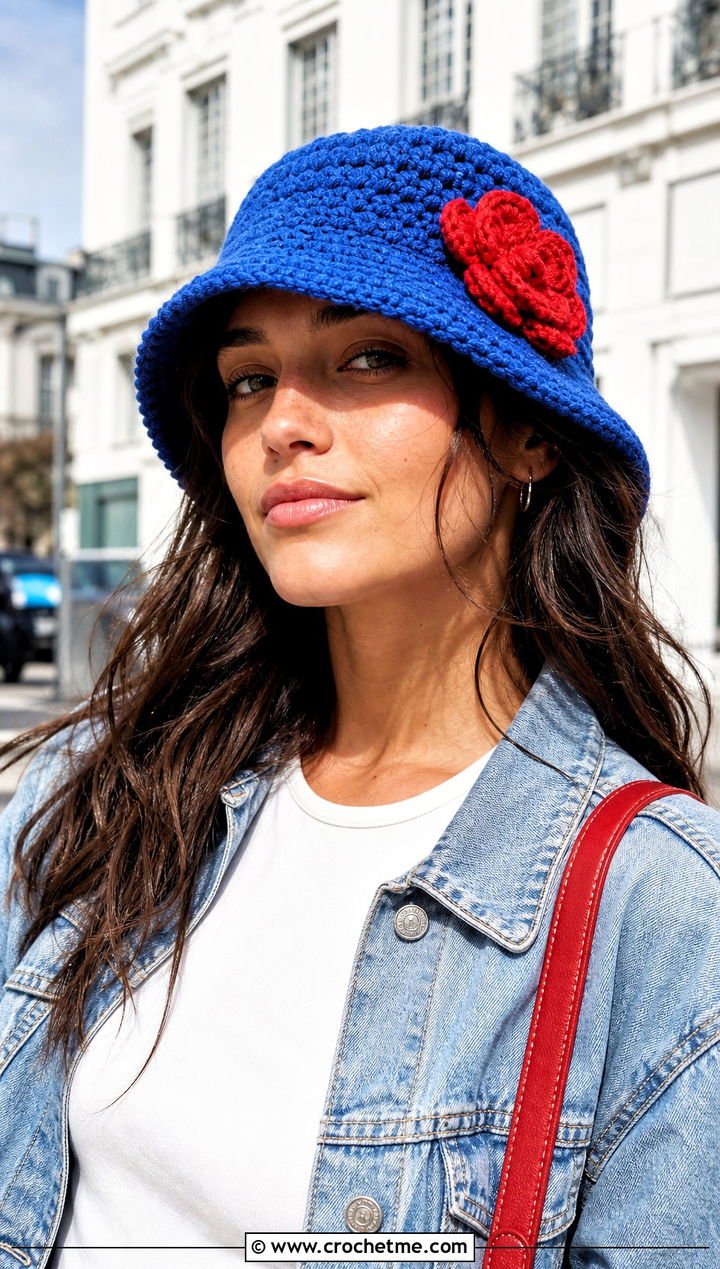 Cobalt Blue Crocheted Bucket Hat With Flower And Denim Outfit - 15 Blue Crocheted Hat With Flower outfit ideas