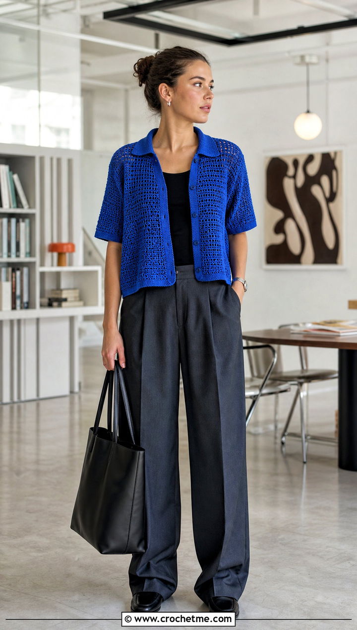 Cobalt Camp Collar Stussy Crochet Shirt With Tailored Trousers - 15 stussy crochet shirt outfit ideas