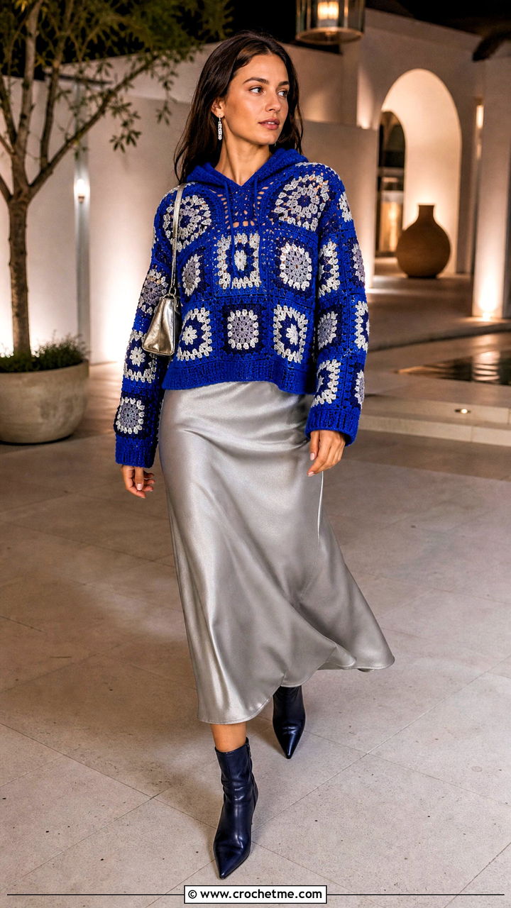 Cobalt Granny Square Hoodie With Satin Slip Skirt - 35 granny square hoodie outfit ideas