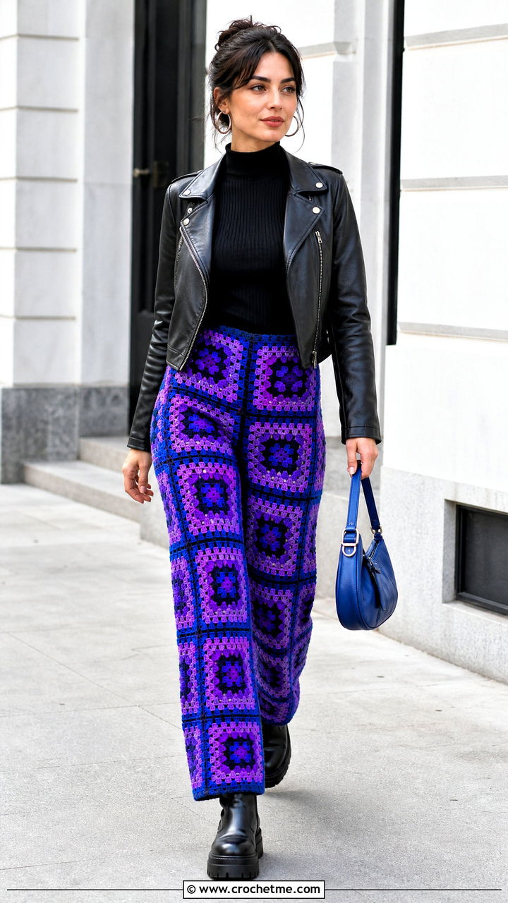 Cobalt Granny Square Pants With Leather Jacket - 35 granny square pants outfit ideas