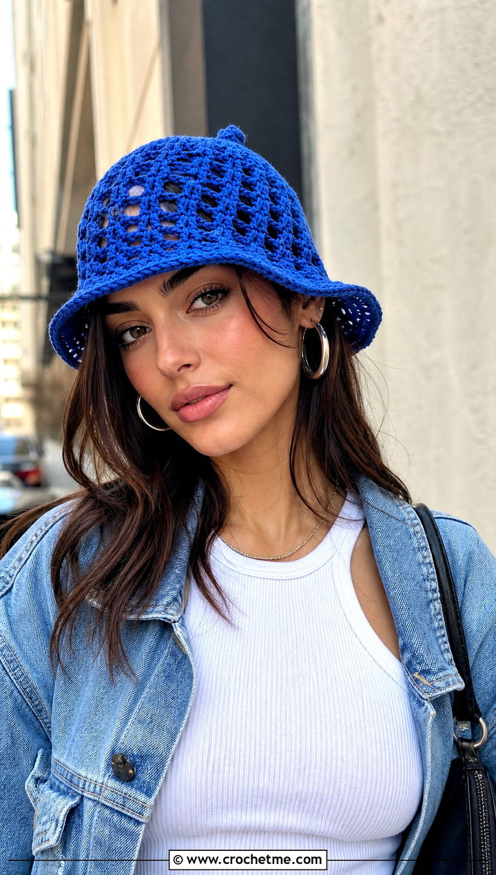 Cobalt Granny Stitch Mesh Bucket Hat With Baggy Jeans - 30 crochet mesh bucket hat outfit ideas