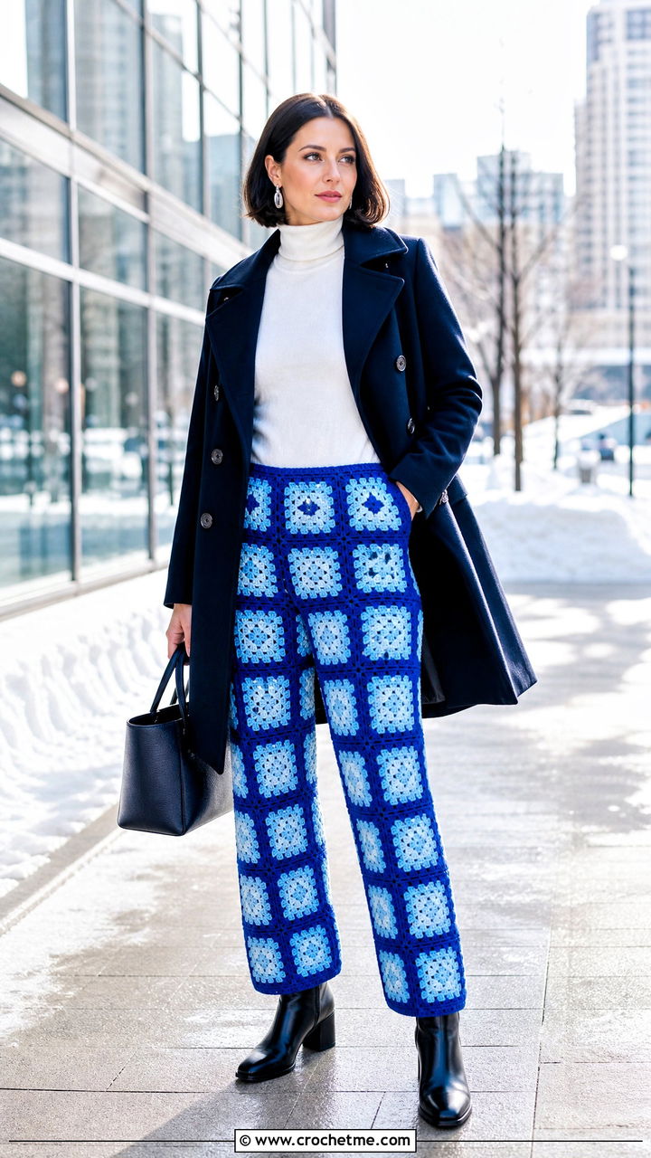 Cobalt Grid Granny Square Pants With Peacoat And Turtleneck - 35 crochet granny square pants outfit ideas