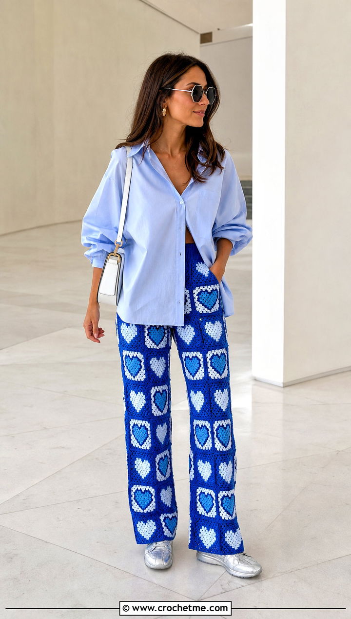 Cobalt Heart Granny Square Pants With Blue Button Down - 30 heart granny square pants outfit ideas