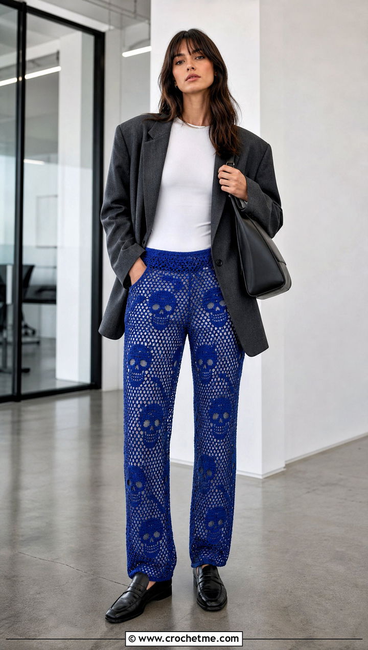 Cobalt Mesh Crochet Skull Pants With Oversized Blazer - 25 Crochet Skull Pants outfit ideas