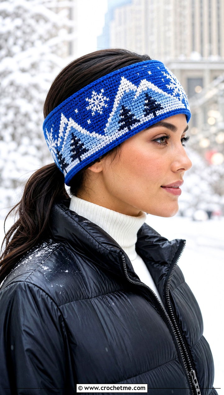 Cobalt Mosaic Crochet Winter Wonderland Headband With Black Puffer Coat - 15 Mosaic Crochet Winter Wonderland Headband outfit ideas
