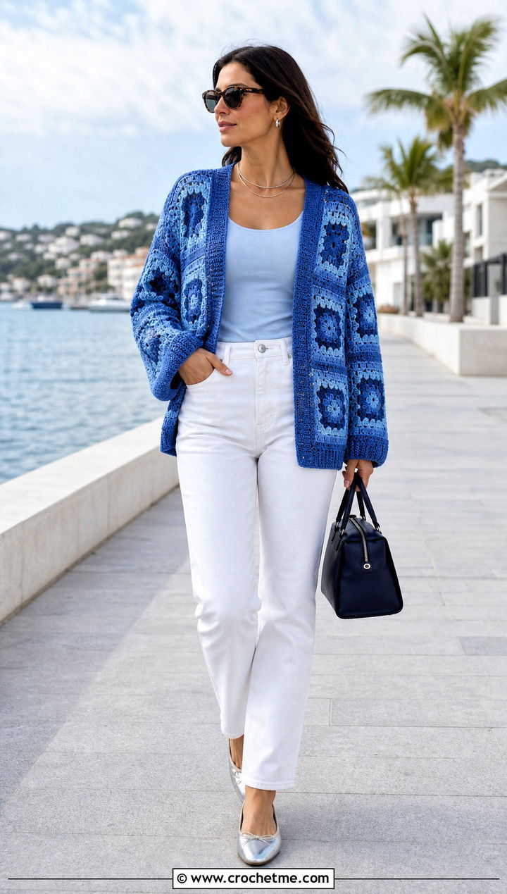 Cobalt Oversized Granny Square Cardigan With White Jeans - 25 Oversized Granny Square Cardigan outfit ideas
