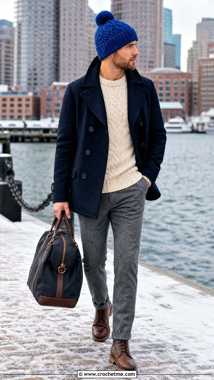 Cobalt Pom Pom Crochet Beanie With Peacoat - 35 mens crochet hats outfit ideas