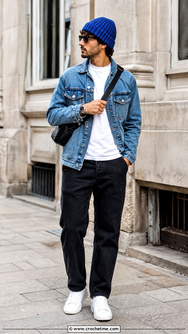 Cobalt Ribbed Cuffed Crochet Beanie With Denim Jacket - 35 mens crochet hats outfit ideas