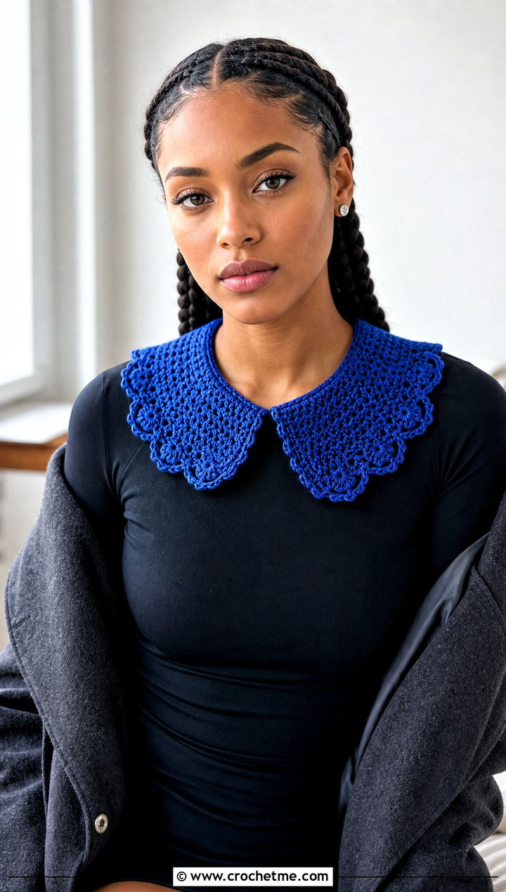 Cobalt Scalloped Peter Pan Crochet Collar With Black Mini Dress - 15 wednesday addams crochet collar outfit ideas