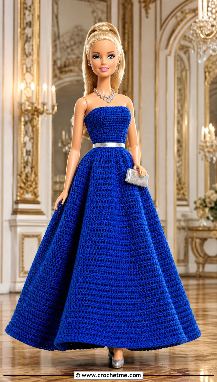Cobalt Strapless Crochet Barbie Ball Gown - 30 crochet barbie ball gowns outfit ideas