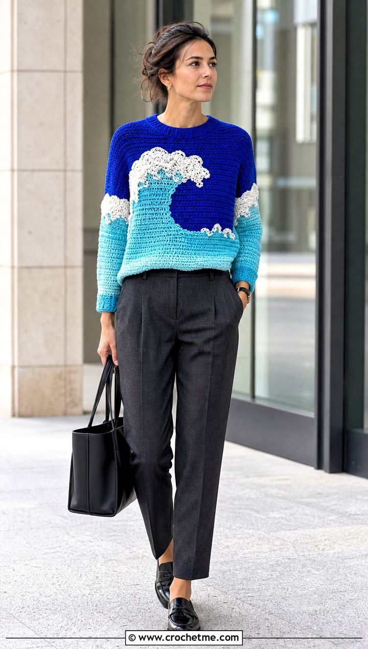Cobalt Wave Tom Daley Crochet Sweater With Tailored Trousers - 25 tom daley crochet sweater outfit ideas