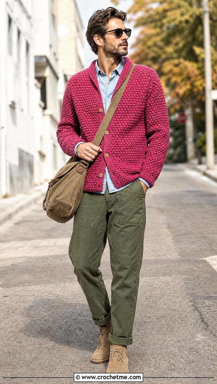 Cobblestone Crochet Cardigan With Fatigue Pants - 25 Crochet Guys Clothes and outfit ideas