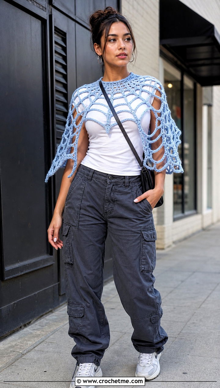 Cobweb Capelet Shawl With T Shirt and Cargo Pants - 25 halloween crochet shawl outfit ideas