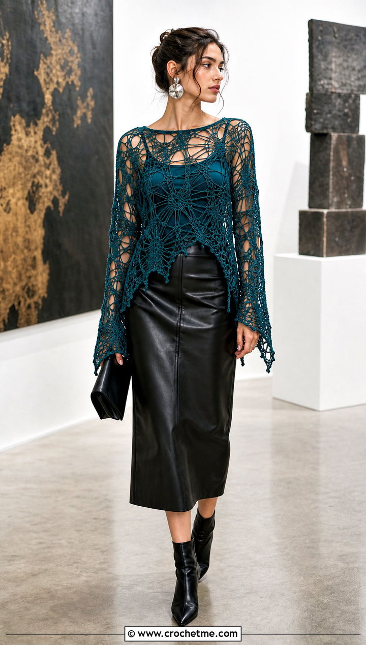 Cobweb Distressed Crochet Top With Leather Midi Skirt - 35 Distressed Crochet Top outfit ideas