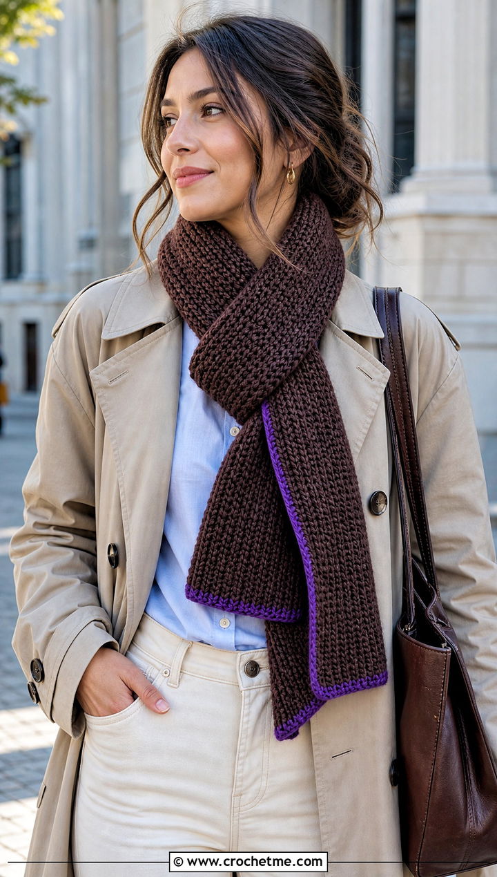 Cocoa Tunisian Crochet Scarf With Trench Coat - 15 neutral tone crochet scarf outfit ideas