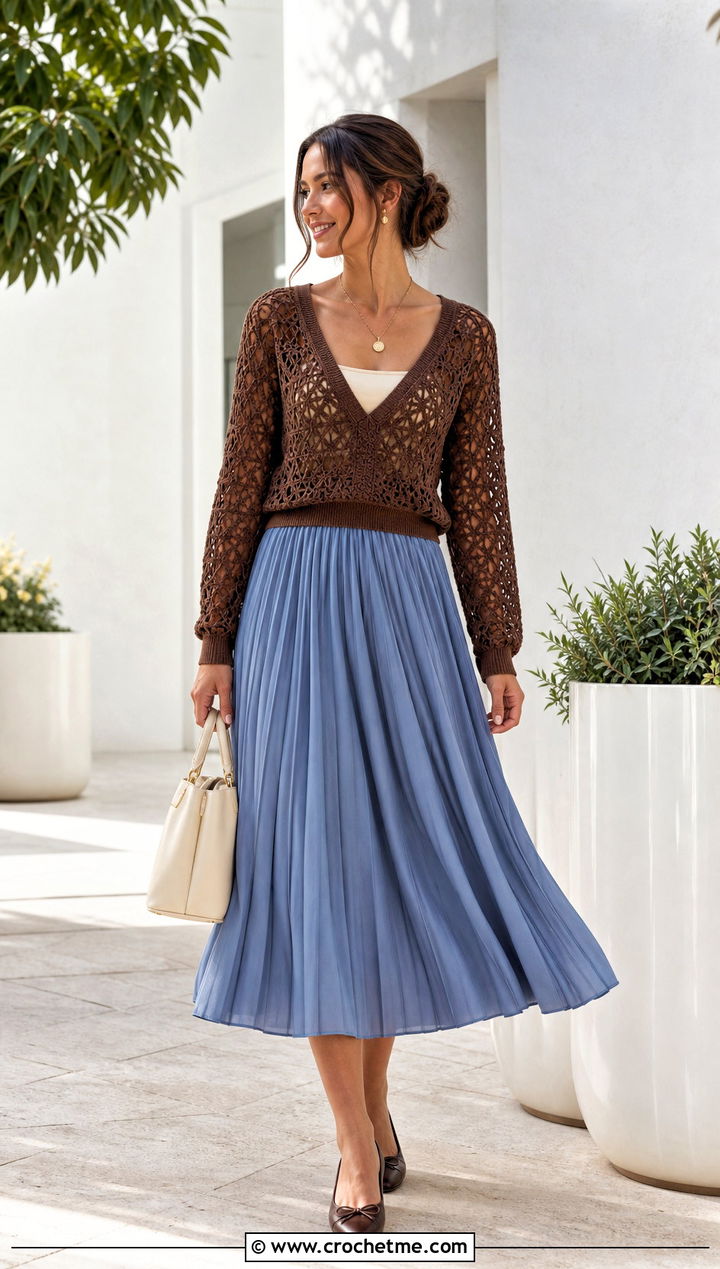 Cocoa V Neck Crochet Sweater With Pleated Midi Skirt - 15 Brown Crochet Sweater Design outfit ideas