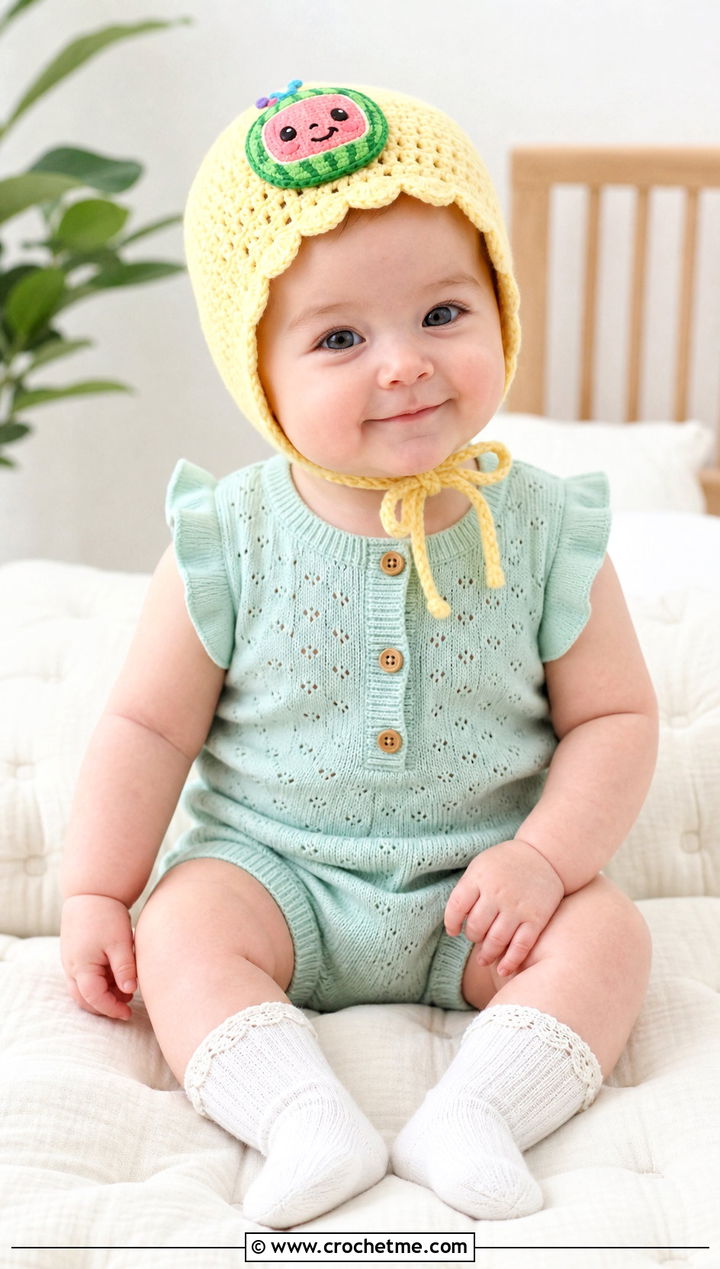 Cocomelon Crochet Baby Bonnet With Knit Romper - 20 Cocomelon Crochet Hat outfit ideas